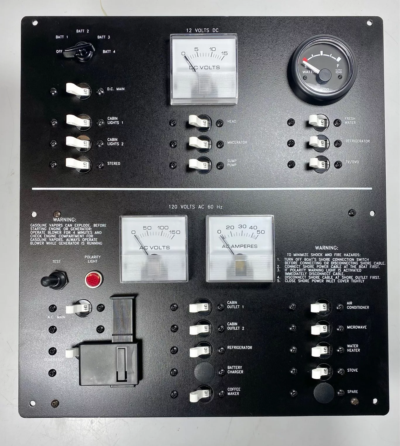 Custom Marine AC / DC Breaker Panel w/ WEMA Water Gauge, Volt Meter and Battery Switch